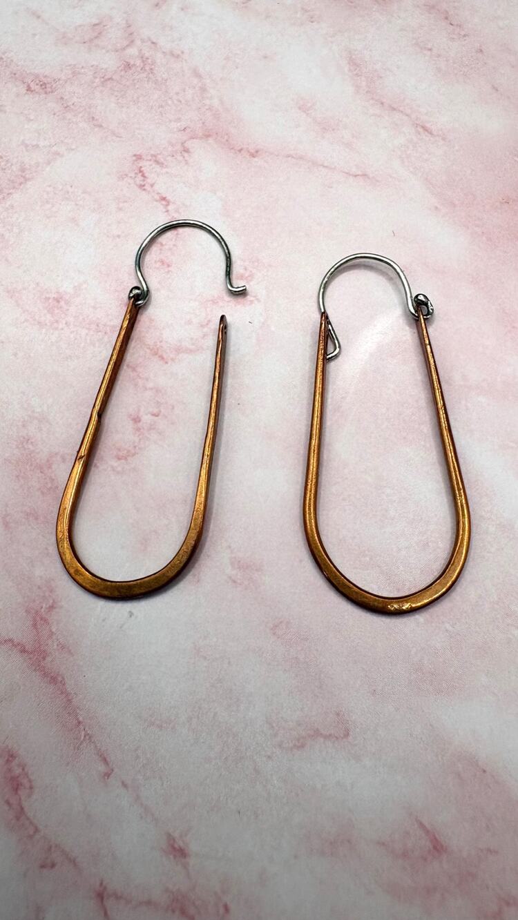 Vintage Artisan Copper Hoop Earrings Hand Forged Long Teardrop Dangle 1.5 Inch